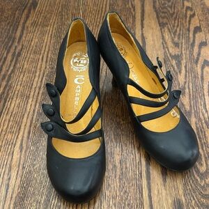 Jeffrey Campbell Ibiza black leather button strap wood grain heel Mary Jane shoe